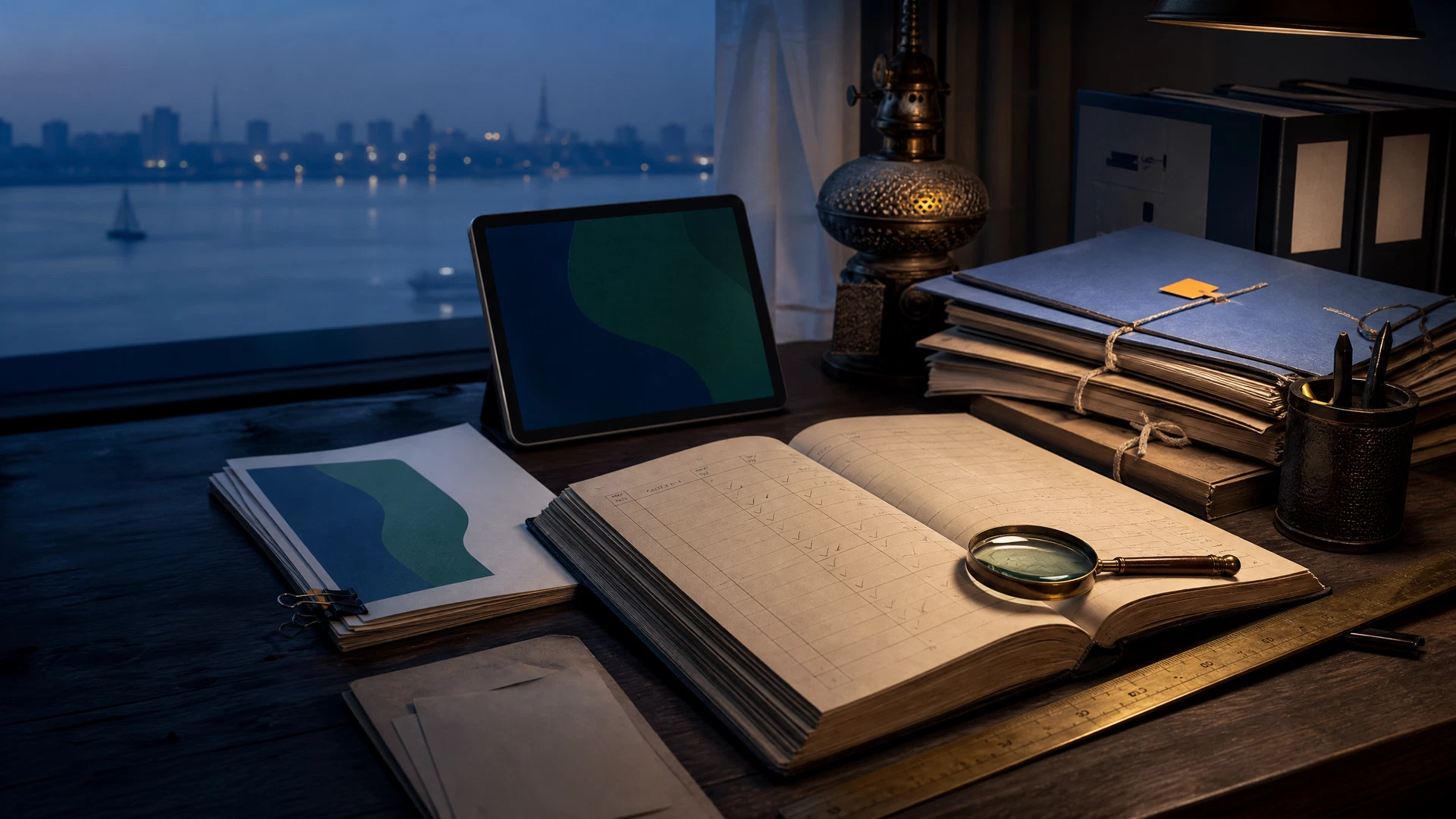 Egyptian editorial research ledger with verification papers and Nile light