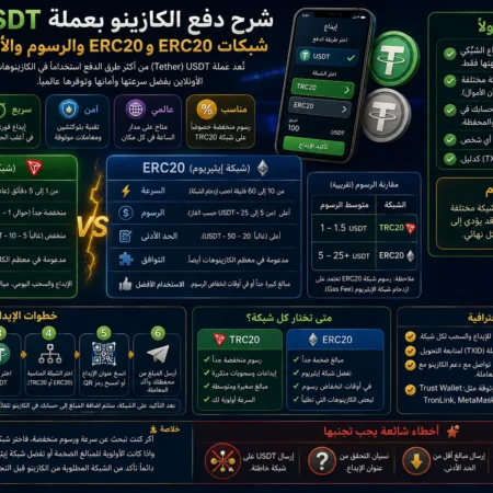 شرح دفع الكازينو بعملة USDT: شبكات TRC20 وERC20 والرسوم والأمان